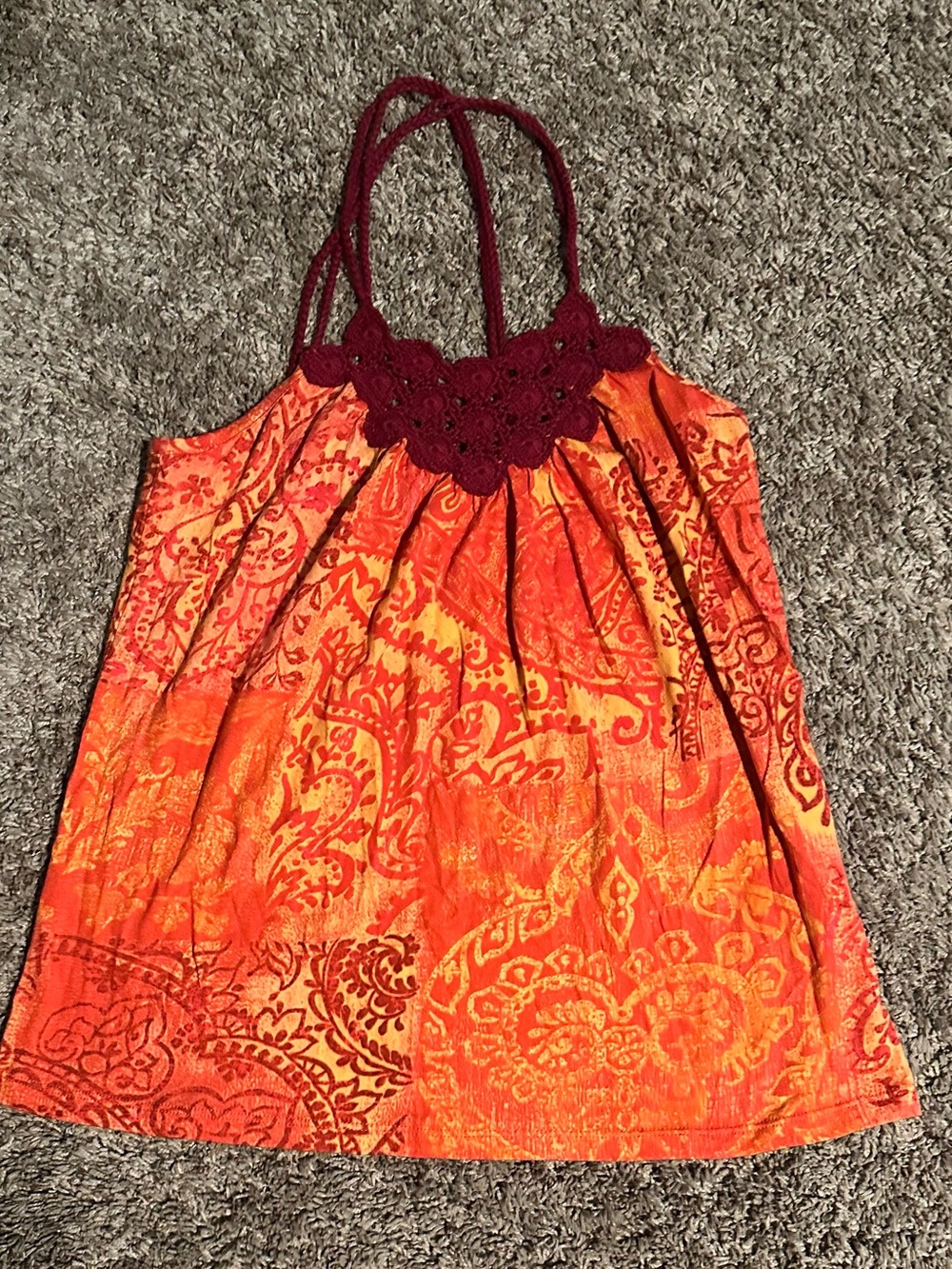Love Rocks Orange Printed Halter Camisole with Burgundy Crochet Yoke